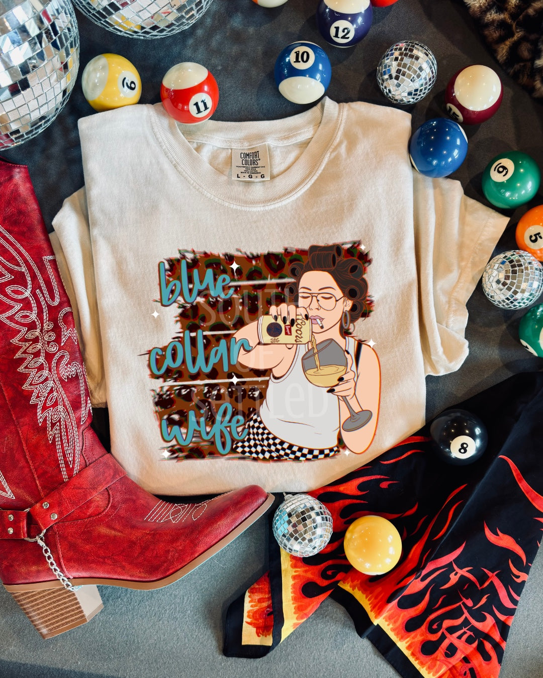 Blue Collar Wife graphic tee mockup on Comfort Colors shirt