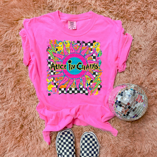 Neon Grunge Sun Graphic Tee | 90s Alternative Rock Inspired Shirt | Vintage Music Graphic Tee