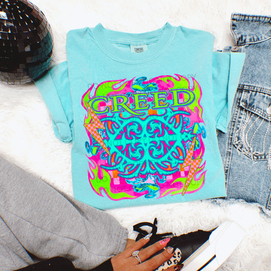 Neon Flames Grunge Graphic Tee | Retro Music Inspired Shirt | Colorful Vintage Concert Style Tee